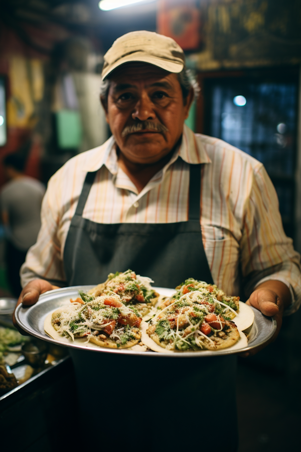 Solemn Hispanic Chef Presenting Tacos