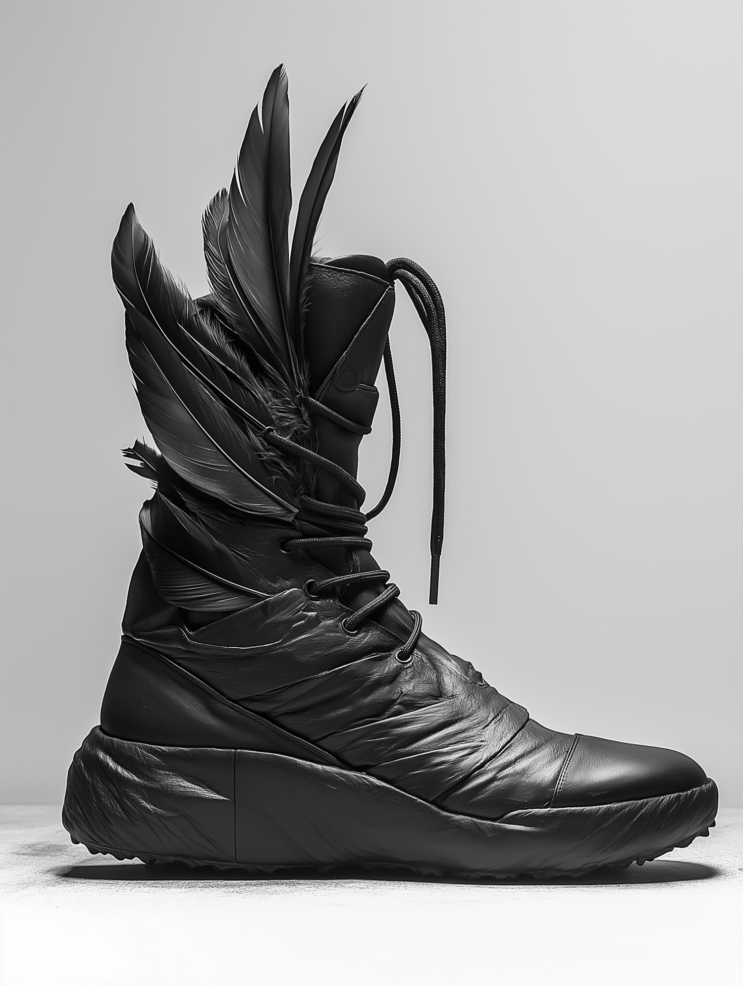 Avant-Garde Black Boot with Feather Design