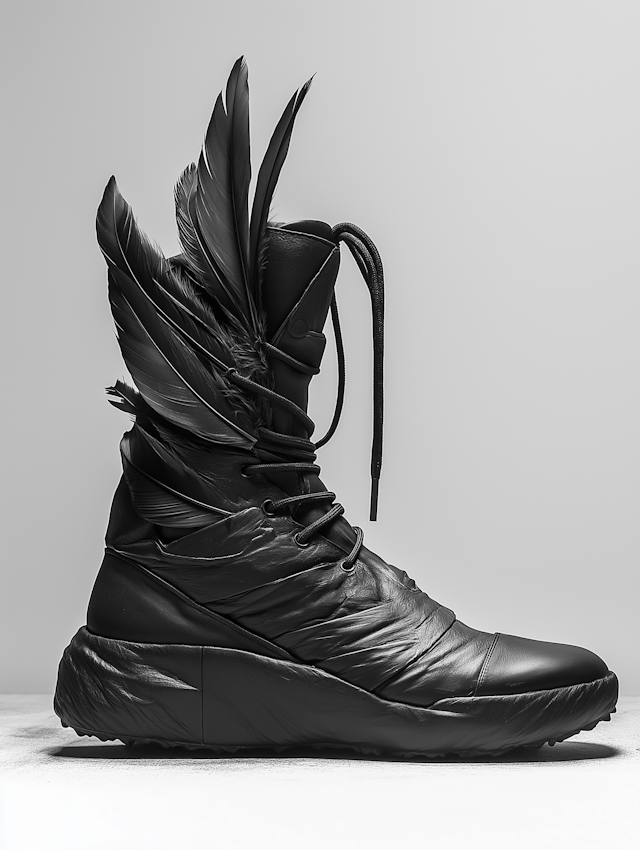 Avant-Garde Black Boot with Feather Design