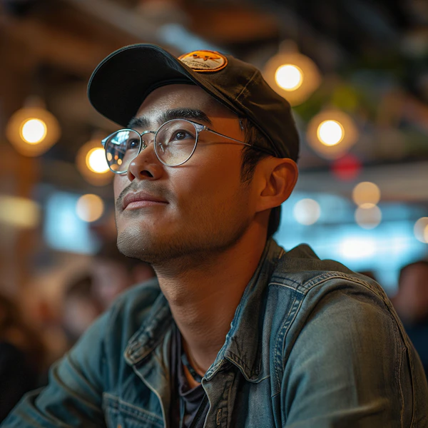 Contemplative East Asian Man in Denim with Bokeh Background