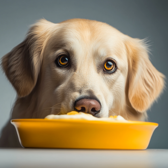 Golden Retriever with Yellow Bowl