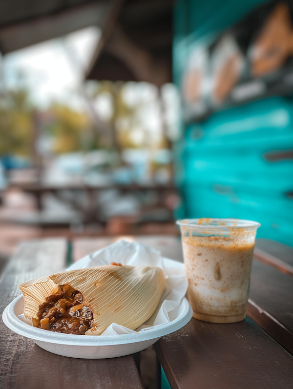 Traditional Tamale on Foam Plate with Latte