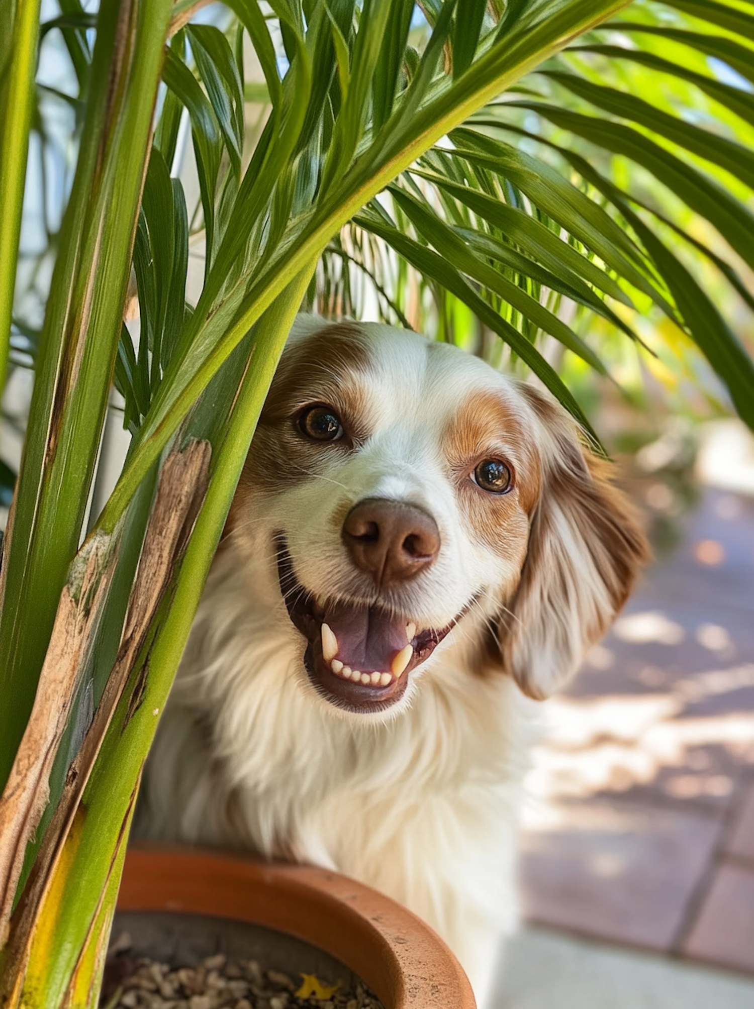 Playful Dog Among Green Leaves