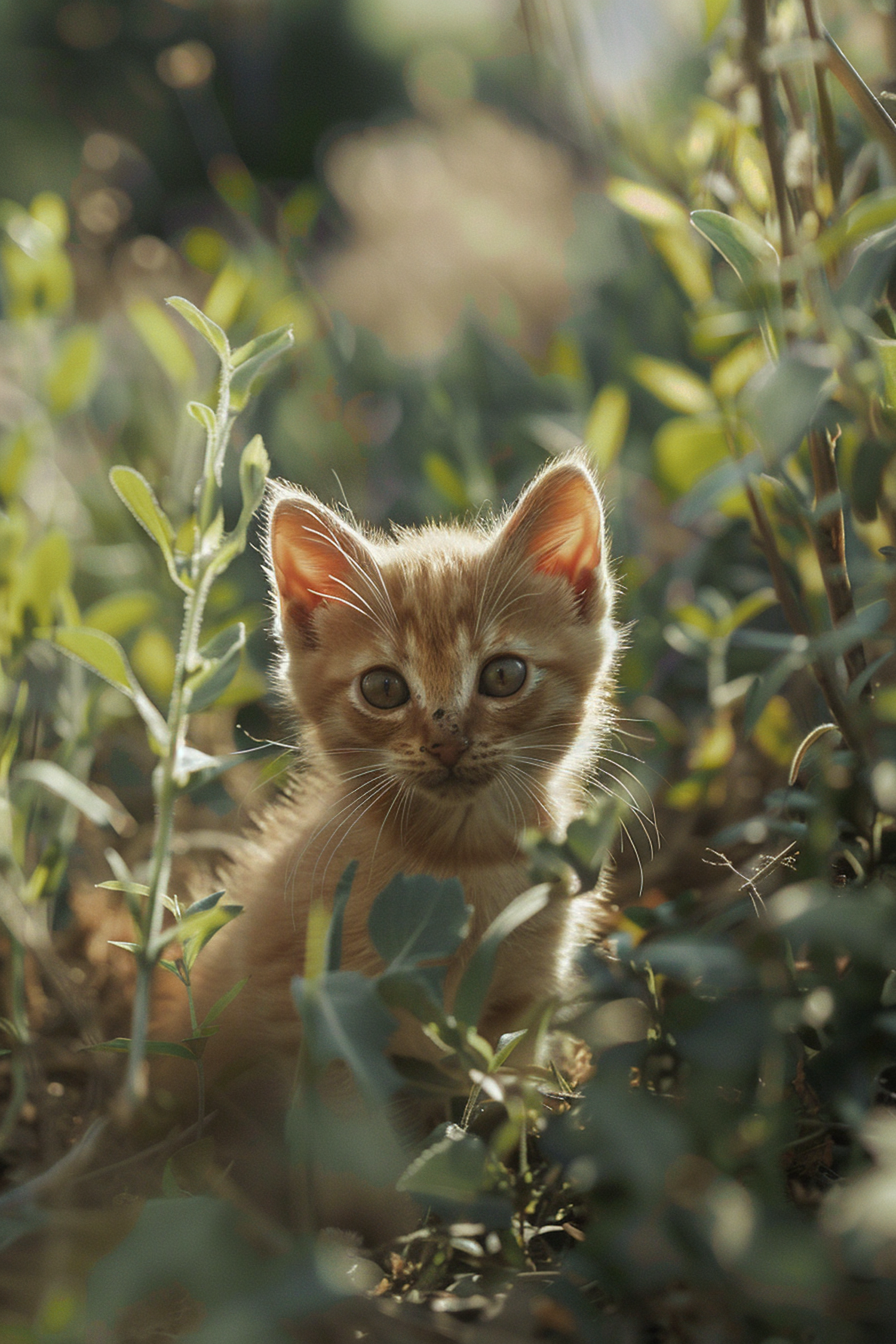 Curious Ginger Kitten in Sunlit Greenery