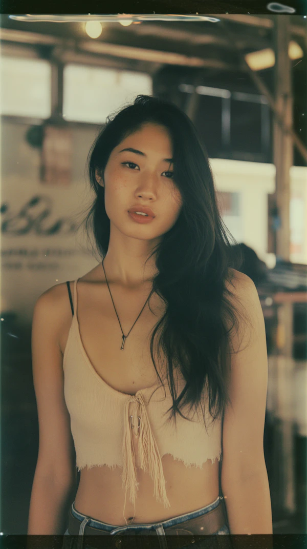 Introspective Young Woman in Vintage-Style Cafe