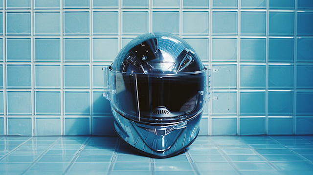 Sleek Metallic Motorbike Helmet on Light Blue Tiles