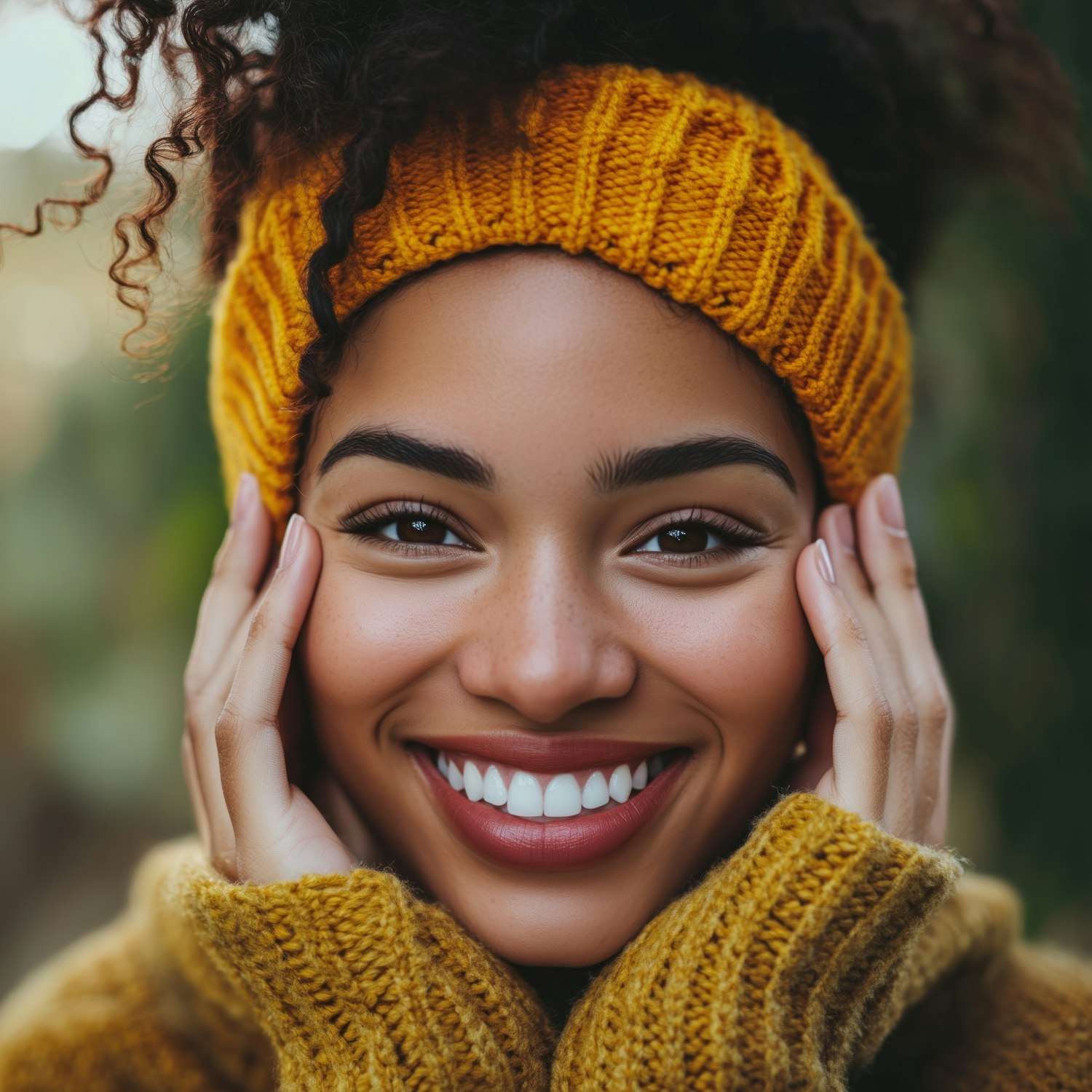 Smiling Person in Mustard Yellow Knitwear