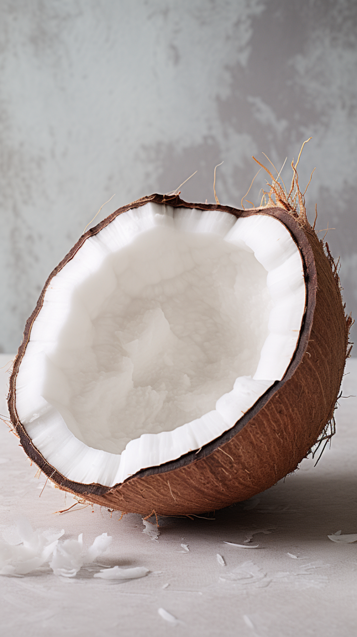 Freshly Halved Coconut on Neutral Surface