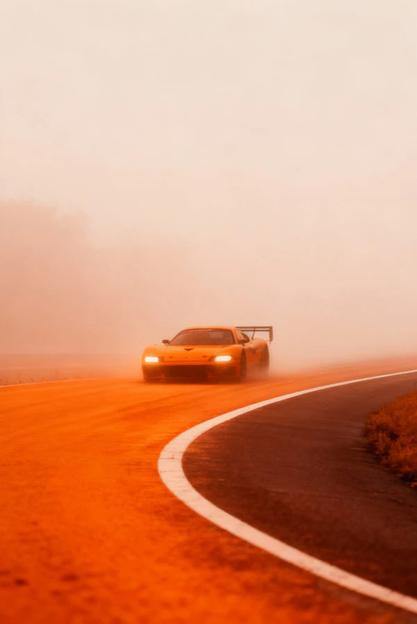 Orange Sports Car in Fog