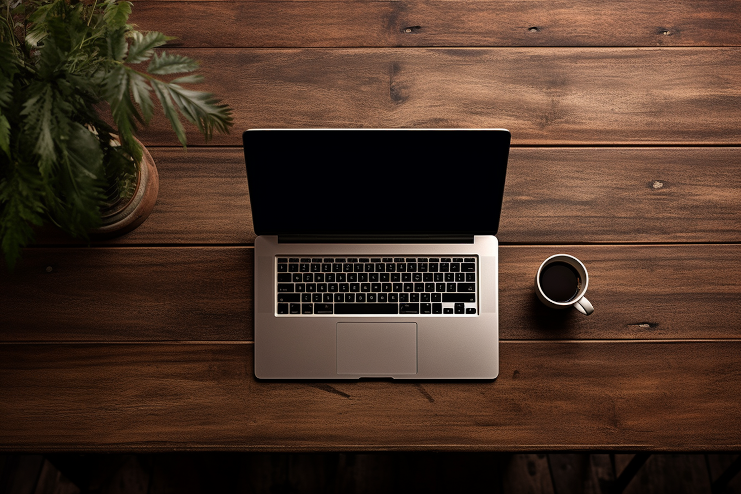 Modern Workstation with Coffee and Plant