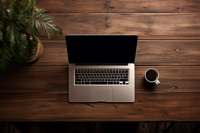 Modern Workstation with Coffee and Plant