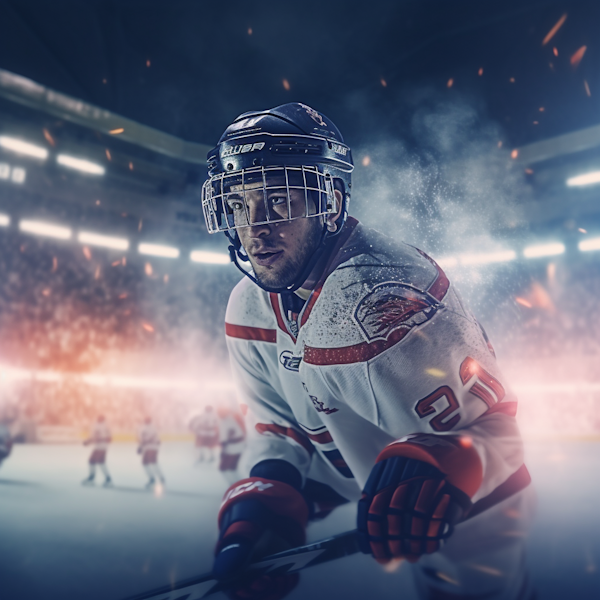 Focused Ice Hockey Player Amidst Arena Mist