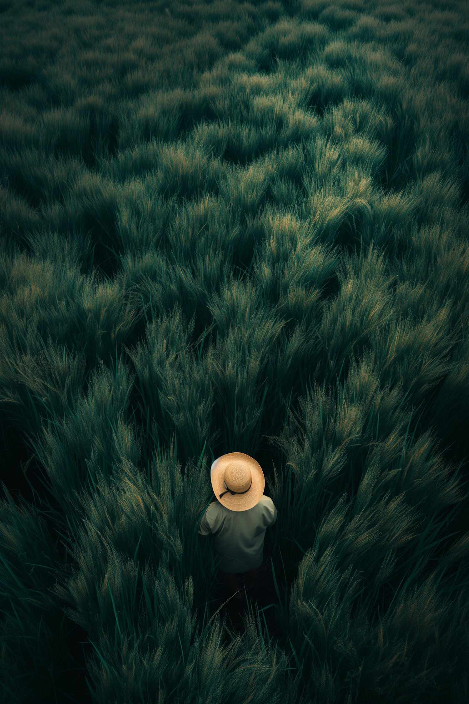 Person in Tall Grass with Straw Hat