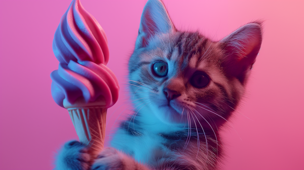 Whimsical Kitten with Ice Cream