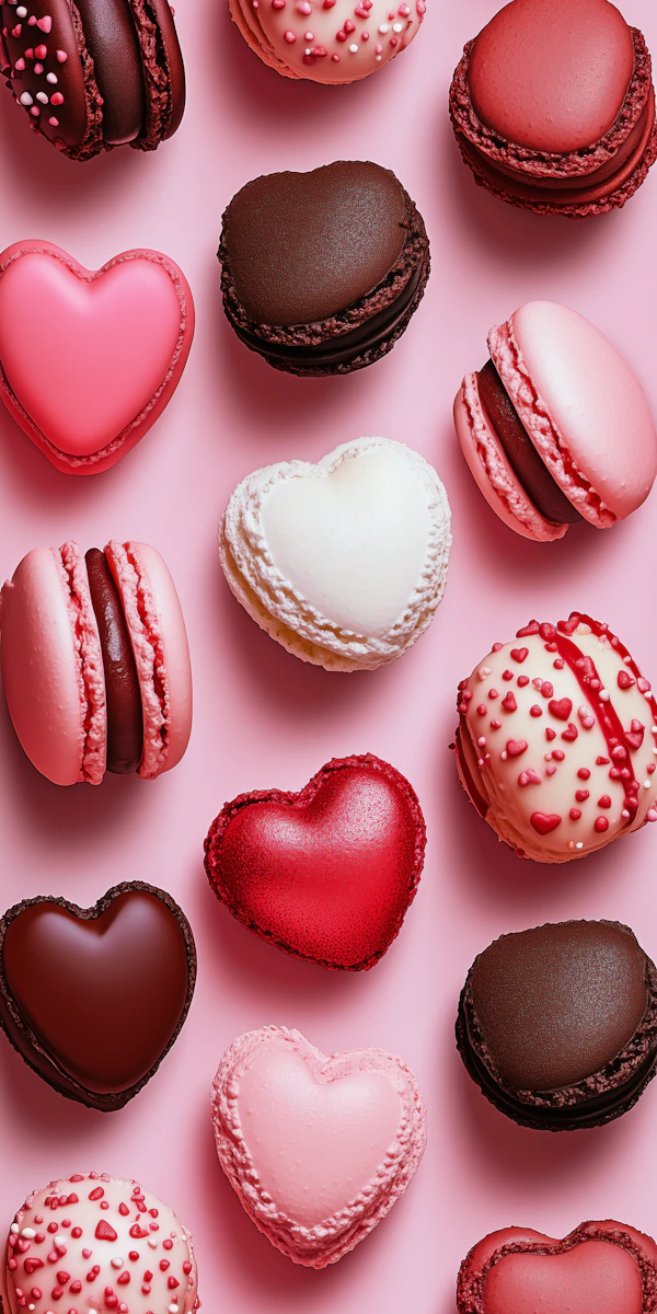Heart-Shaped Macarons on Pink Background