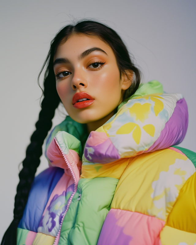 Young Woman in Colorful Puffer Jacket