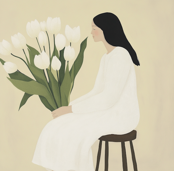 Contemplative Woman with White Tulips