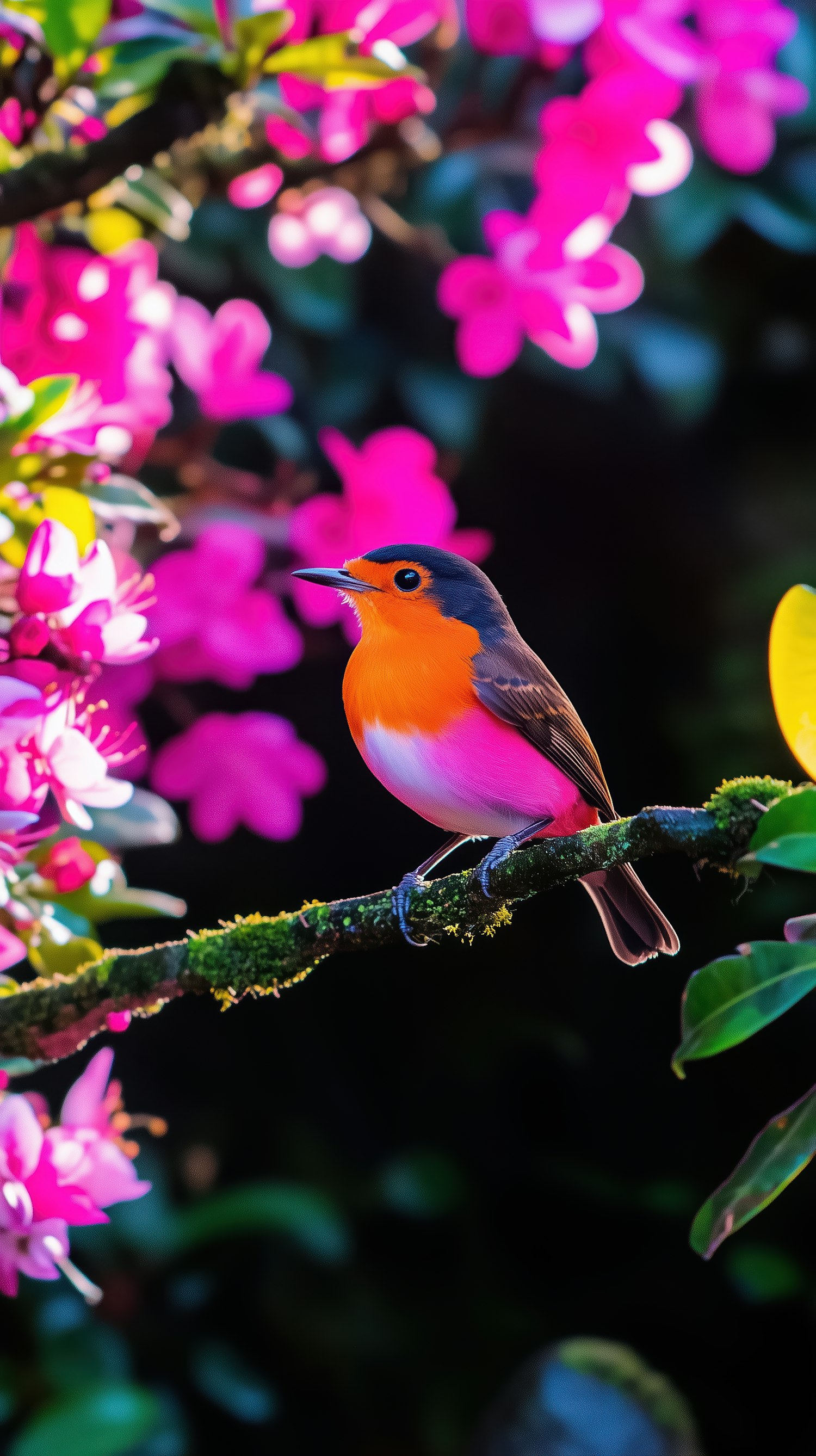 Vibrant Bird Among Pink Flowers