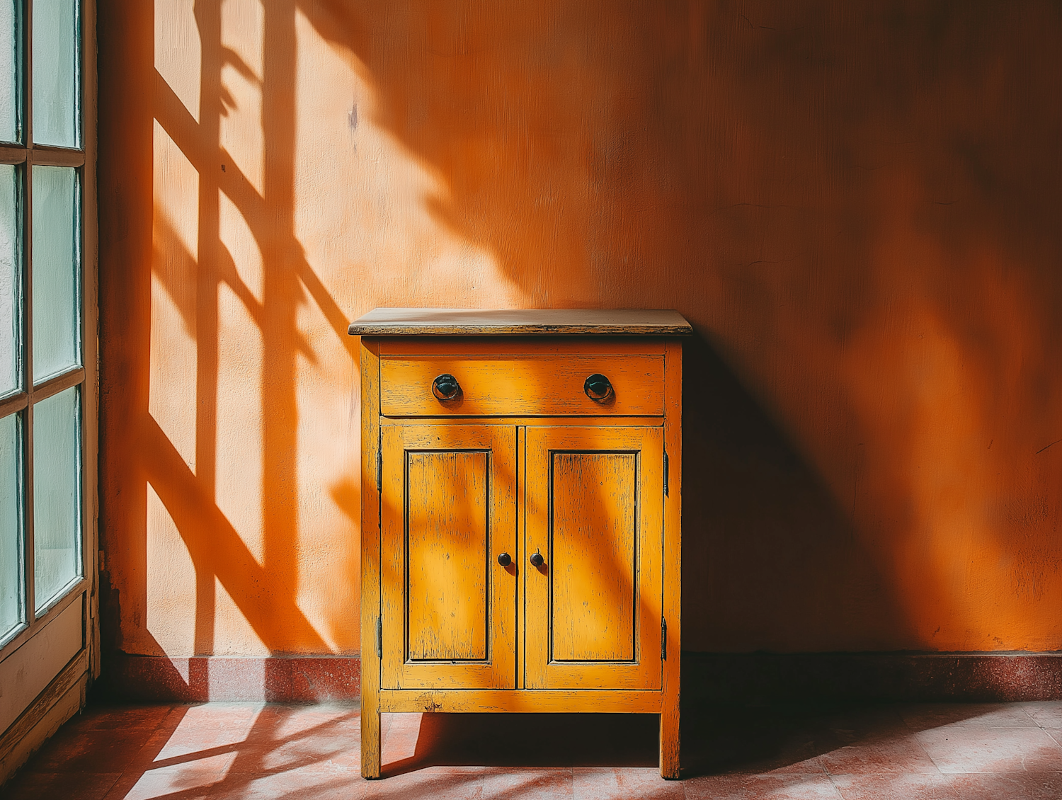 Rustic Yellow Cabinet in Sunlit Corner