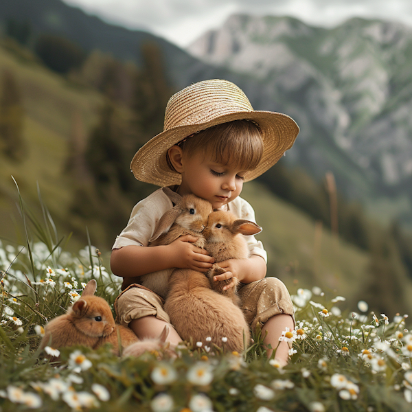 Child Embracing Rabbits in Meadow