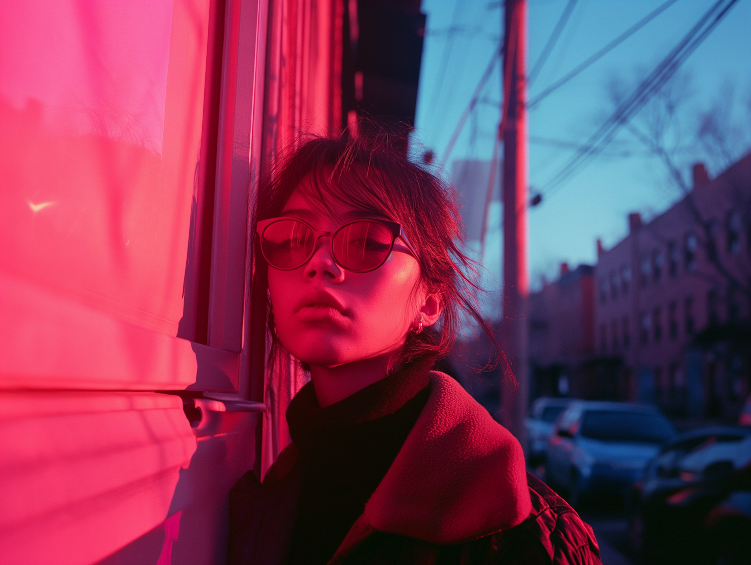 Crimson Contemplation in Twilight Cityscape