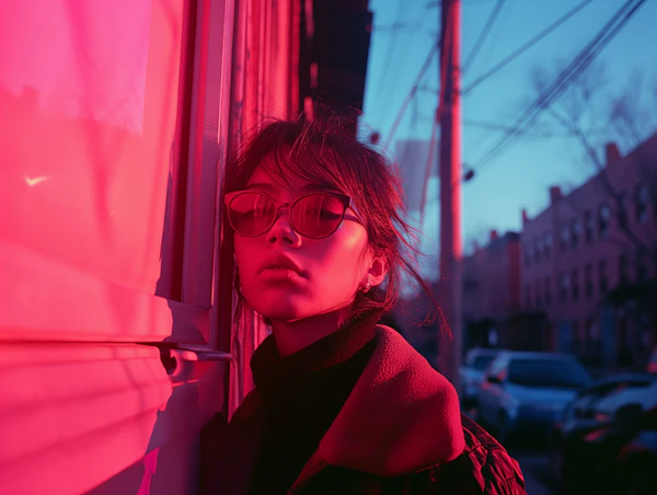 Crimson Contemplation in Twilight Cityscape