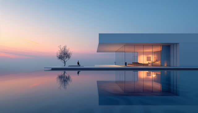 Tranquil Sunset at Modern Lakeside Architecture