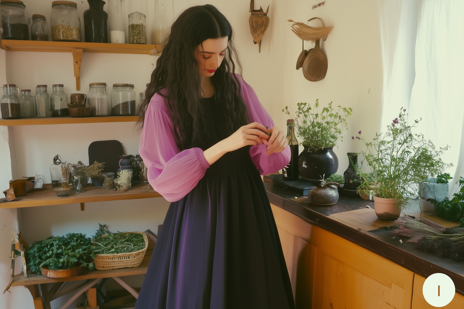 Woman in Rustic Room with Plants