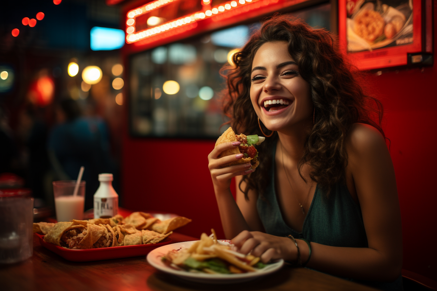 Joyful Mediterranean-Latina Woman Enjoying Casual Dining