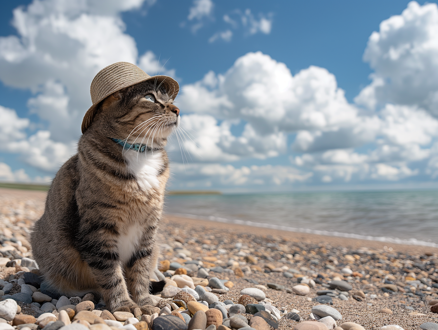 Serene Beachside Cat in Straw Hat