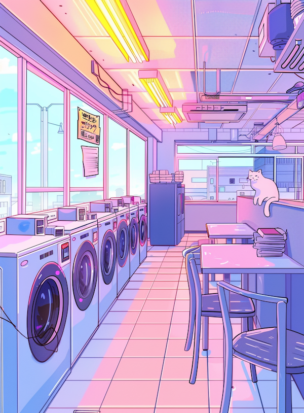 Whimsical Laundromat with Cat