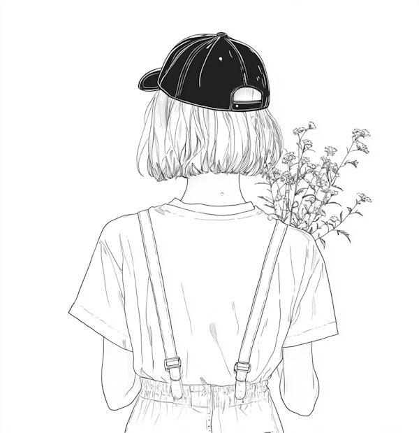 Serene Monochrome Illustration of Person with Flowers