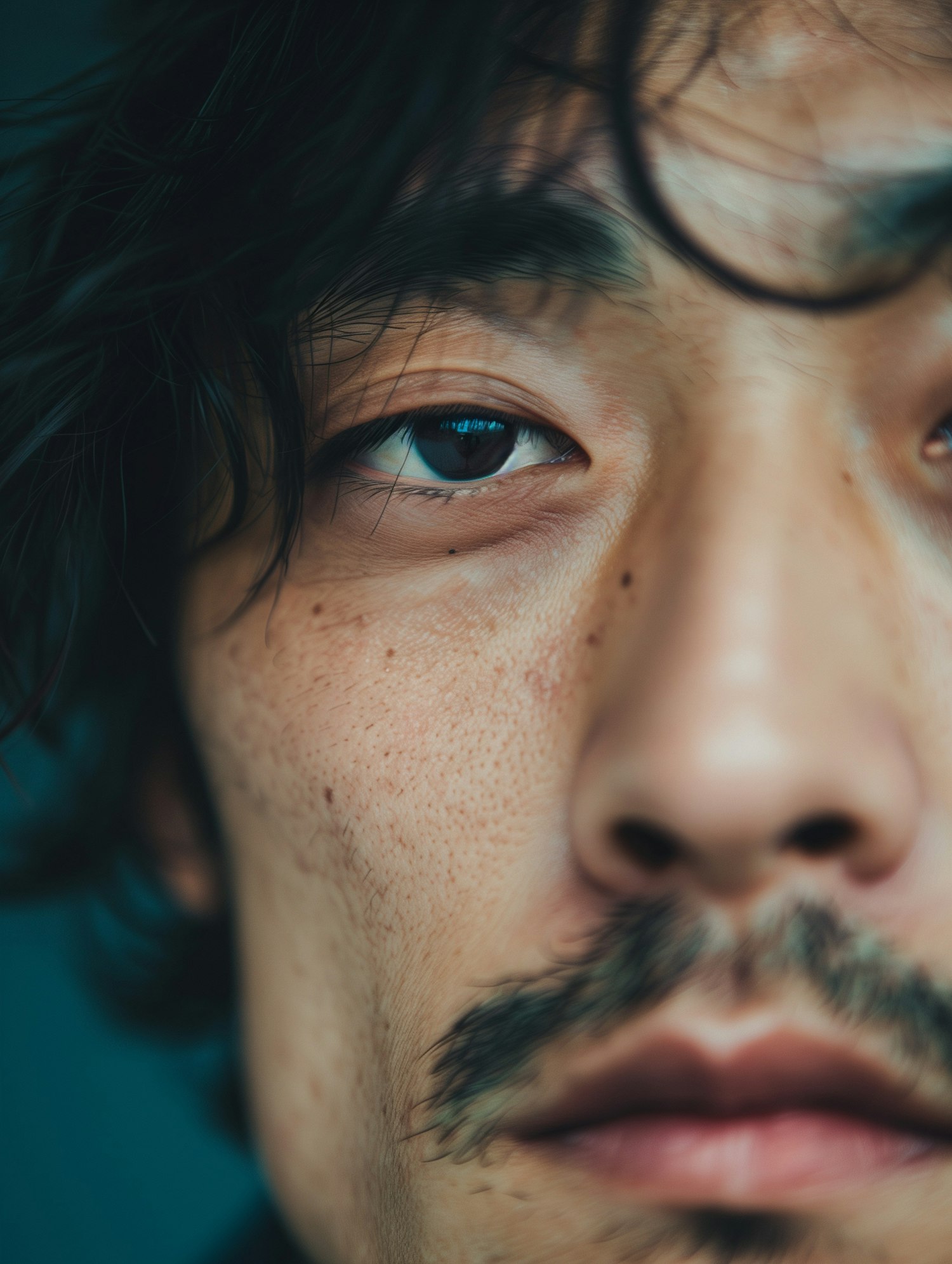 Close-Up Portrait of a Pensive Man with Blue Eyes