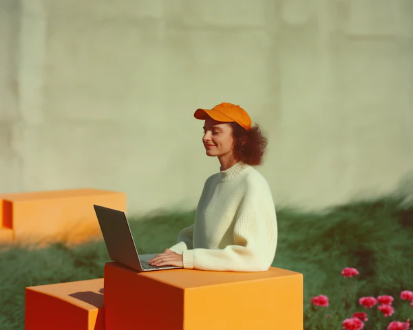 Person on Orange Cube with Laptop