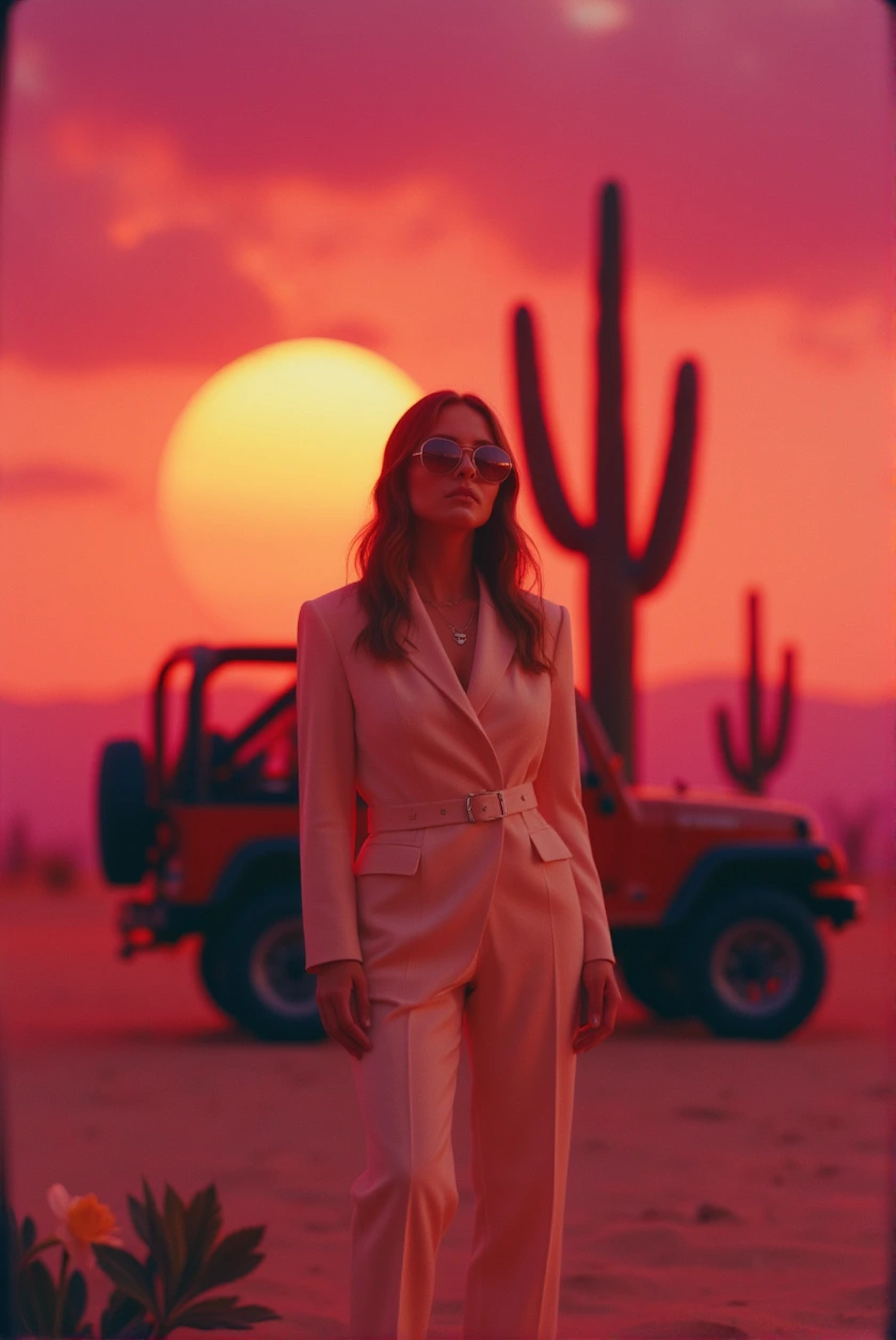 Stylish Woman in Desert Sunset