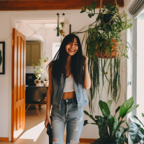 Cheerful Fashionista with a Denim Flair