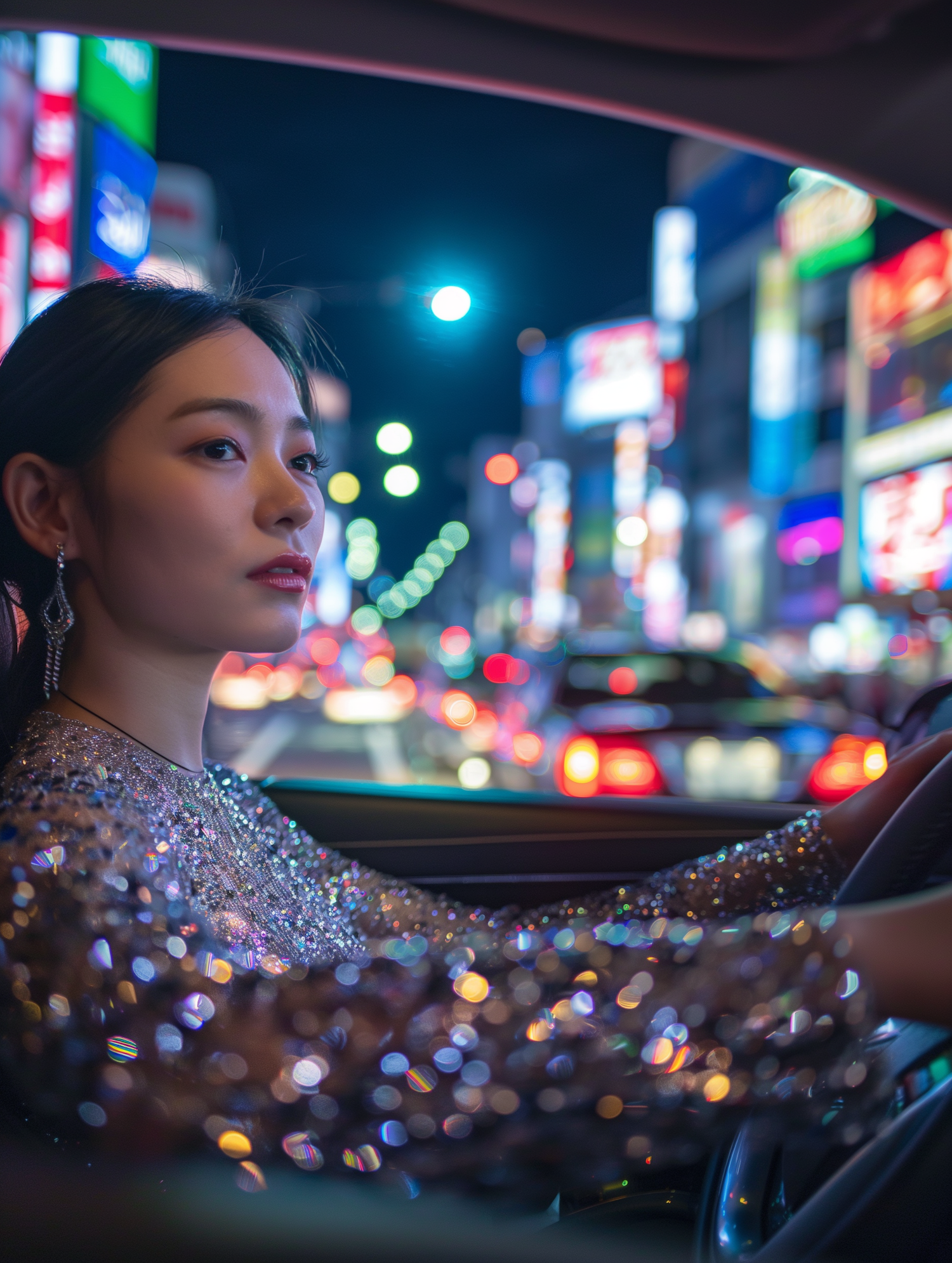 Elegant Woman in City Night Lights