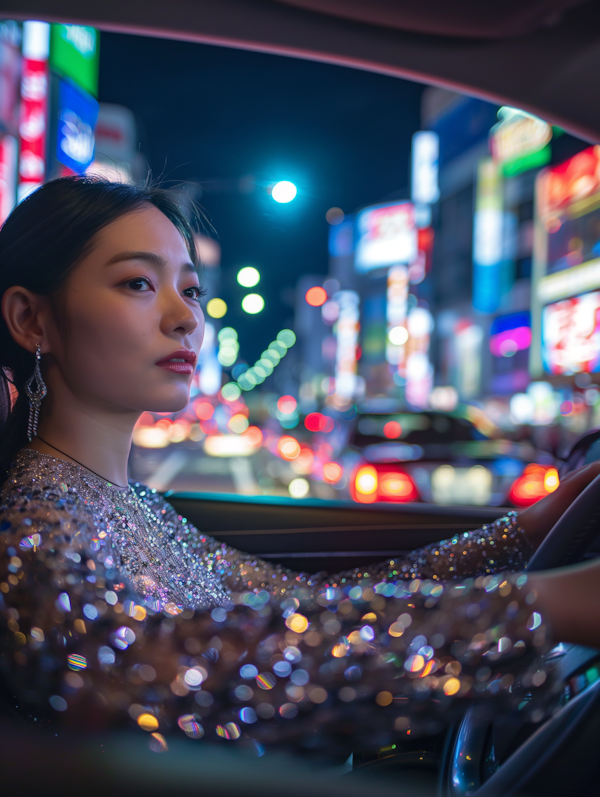 Elegant Woman in City Night Lights