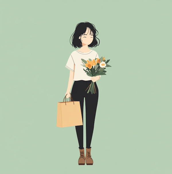 Serene Woman with Bouquet Illustration