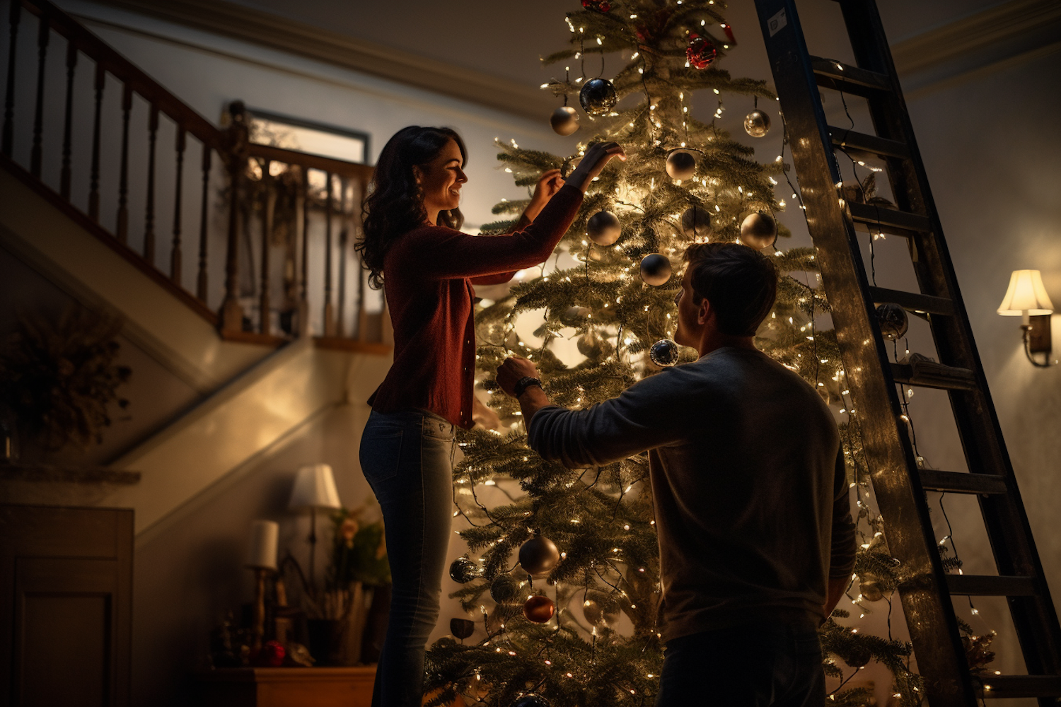 Christmas Tree Decorating Duo in Cozy Indoor Setting