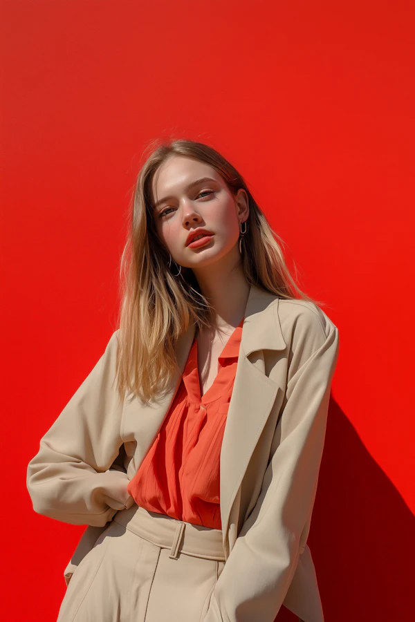 Woman in Beige Suit with Red Background