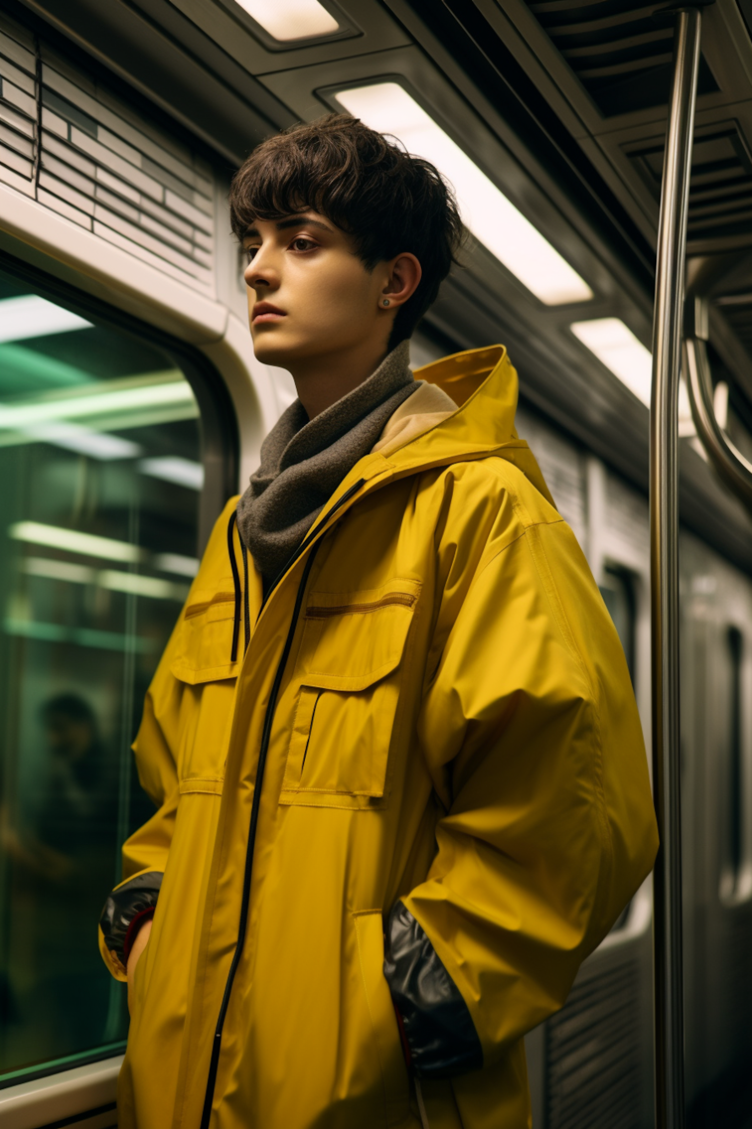 Thoughtful Commuter in Yellow Raincoat