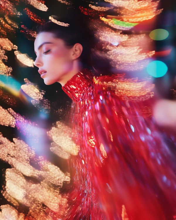 Serene Woman in Shimmering Red