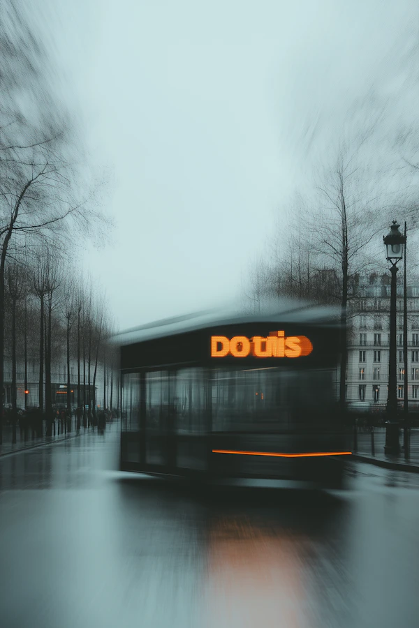 Tram in Foggy Cityscape