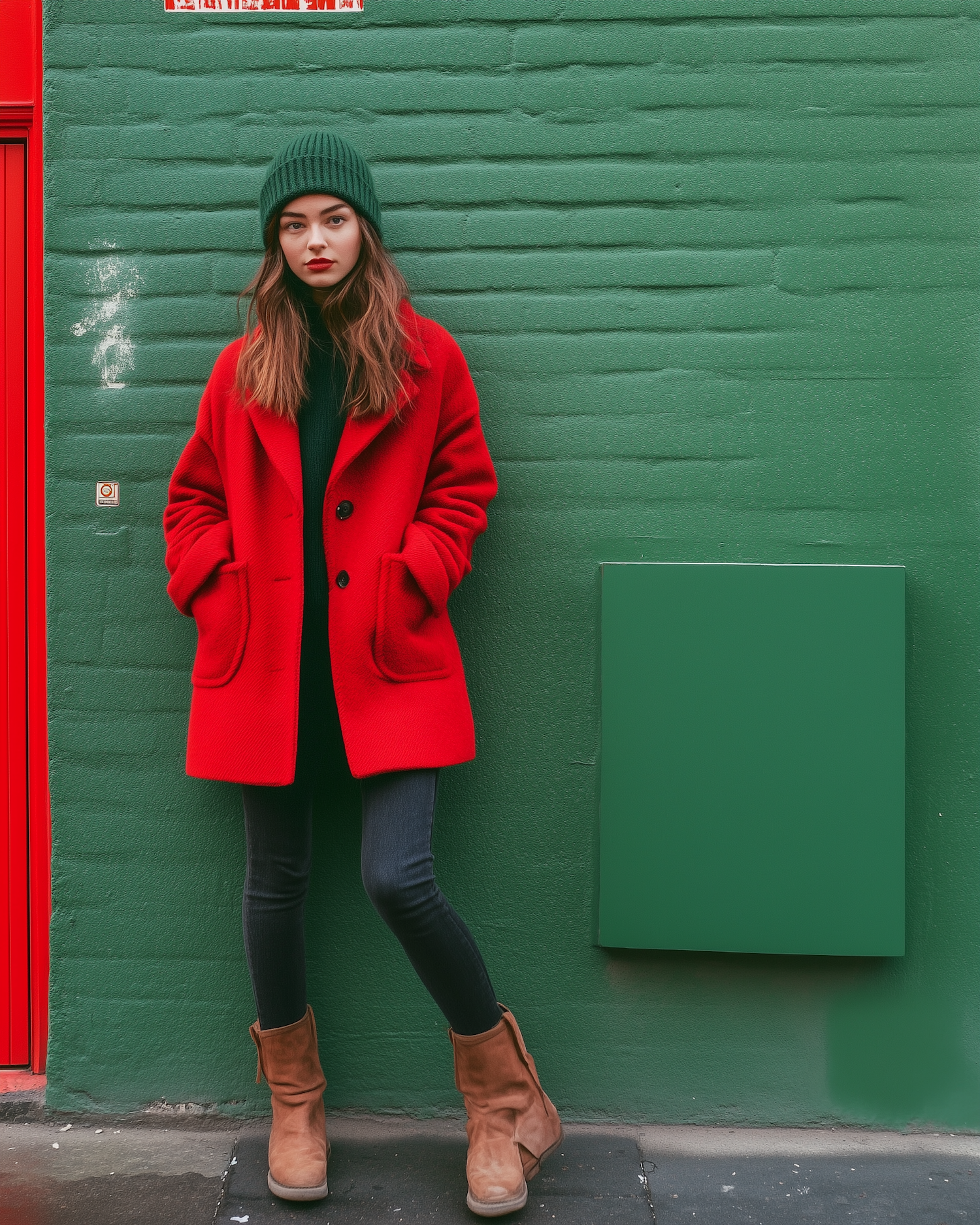 Woman in Red Coat Against Green Wall