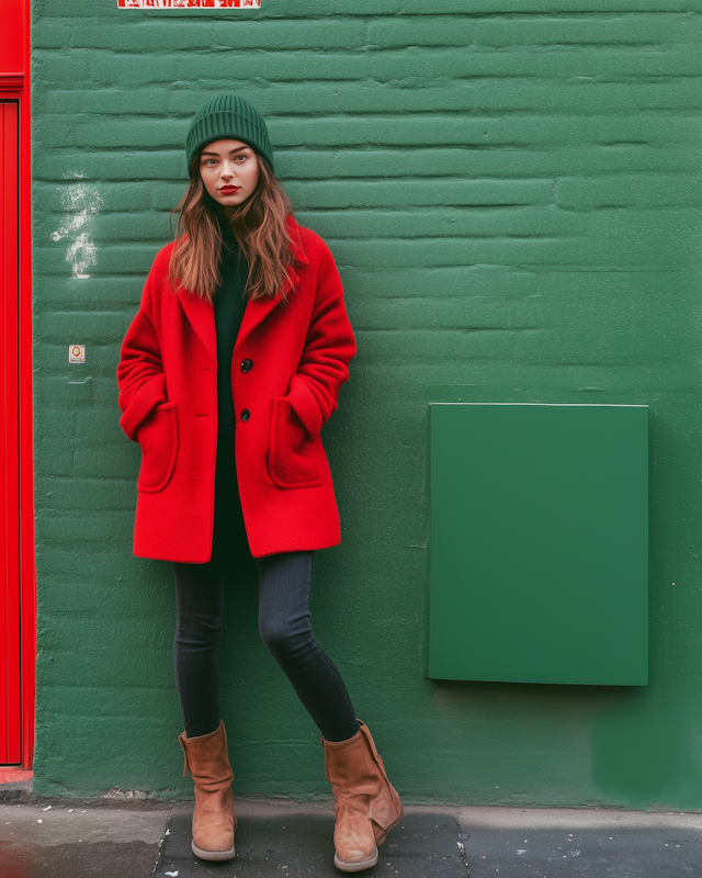 Woman in Red Coat Against Green Wall