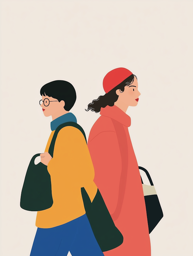 Modern Minimalist Side Profiles of Two Female Figures