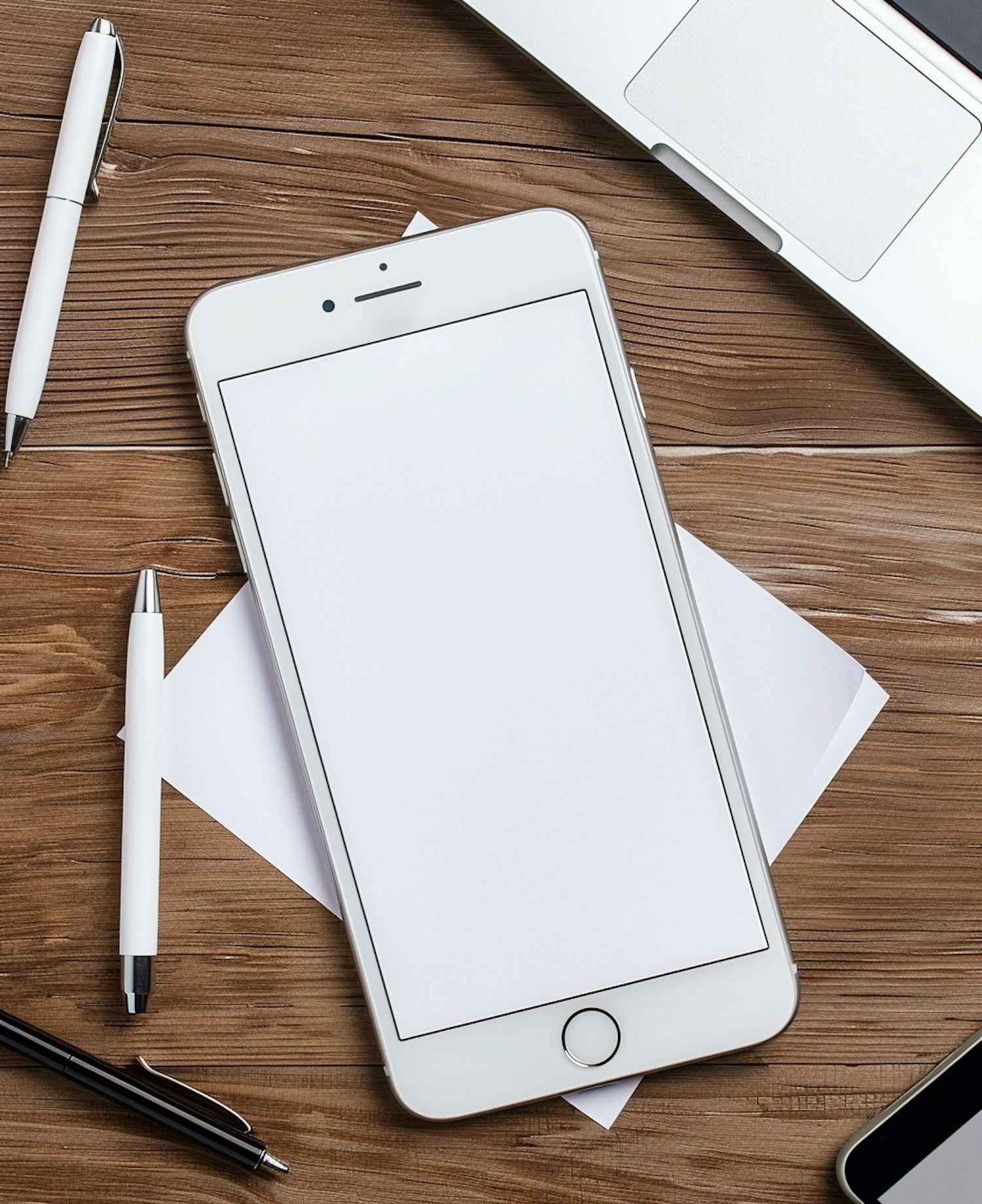 Smartphone and Office Supplies on Wooden Desk