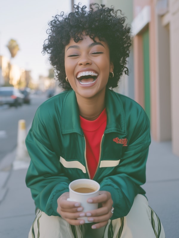 Joyful Young Woman with Coffee Outdoors