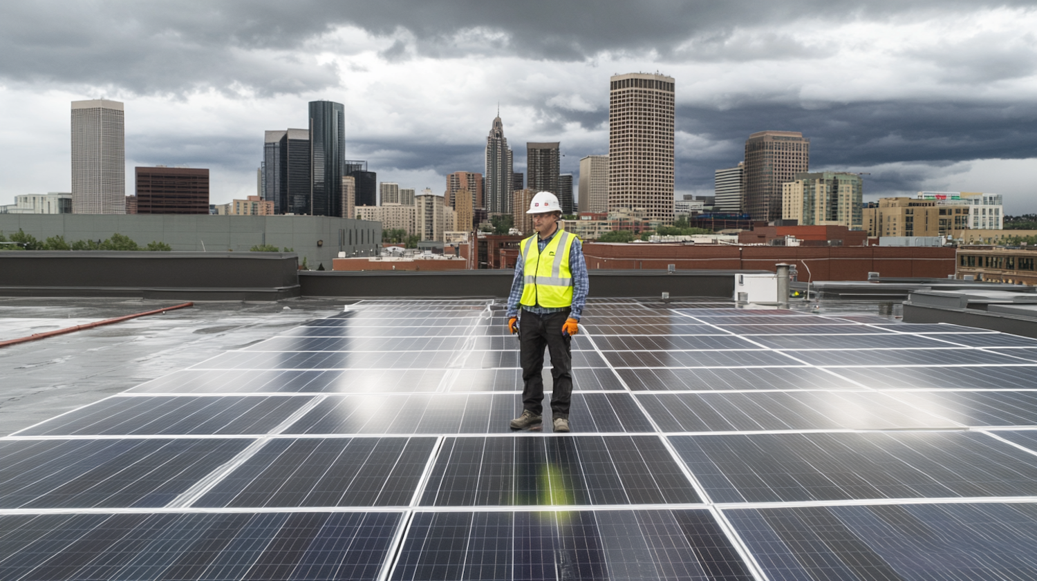 Man Inspecting Solar Panels on Rooftop